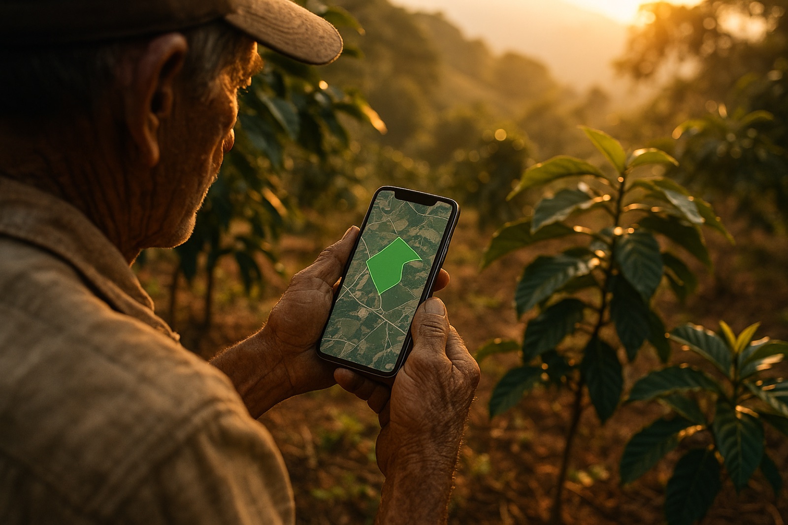 A farmer holding a phone showing the mapped boundary of a plot, in a field at sunset